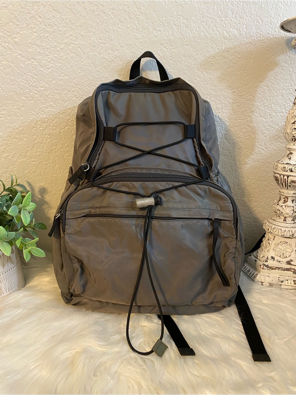 Prada Gray Nylon Backpack with Front Bungee Detail
